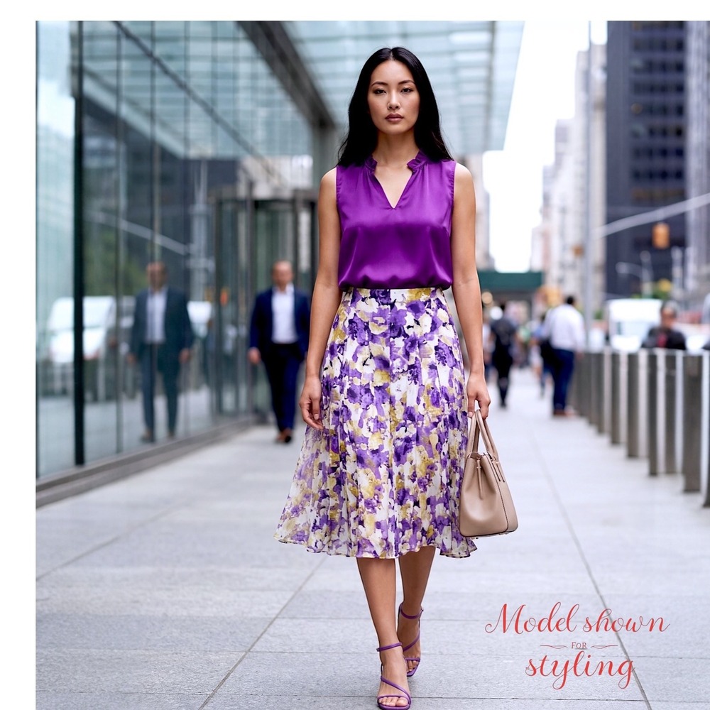 Jones New York Collection Floral Pleated Midi Skirt Womens 6 Purple Flowing